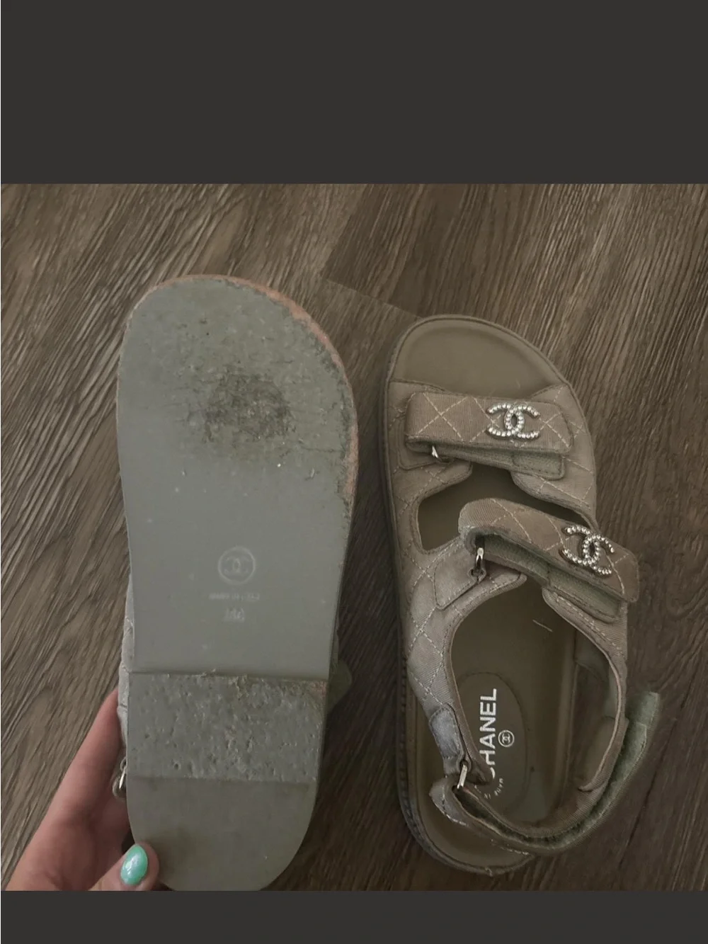 CHANEL Gray Quilted Double-Strap Logo Sandals